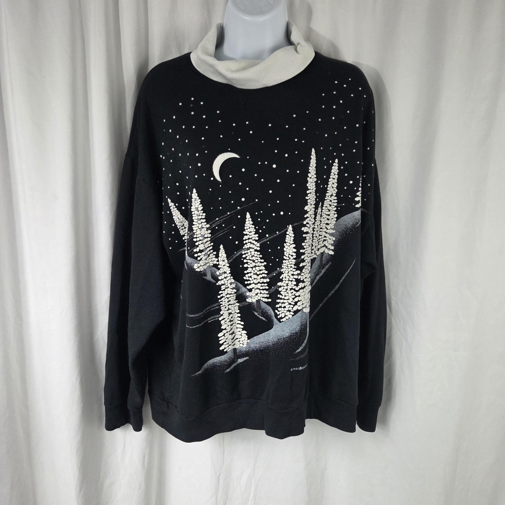 Nutcracker Sweatshirt Womens Large Black Vintage Winter Trees Graphic Cowl Neck